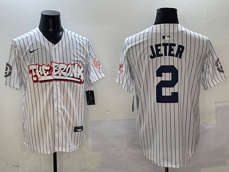 Men New York Yankees 2 Jeter White Stripe four generations Joint Name 2025 Nike MLB Jersey style 1